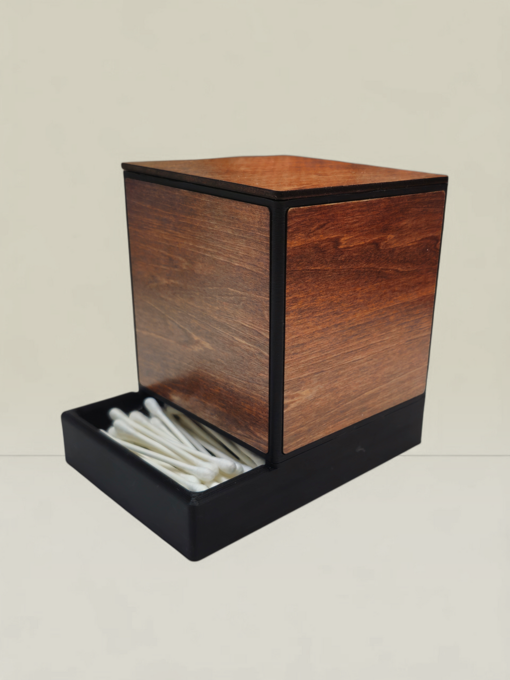 Modern Wooden Q-Tip Holder – 3D Printed with Real Wood Inlays