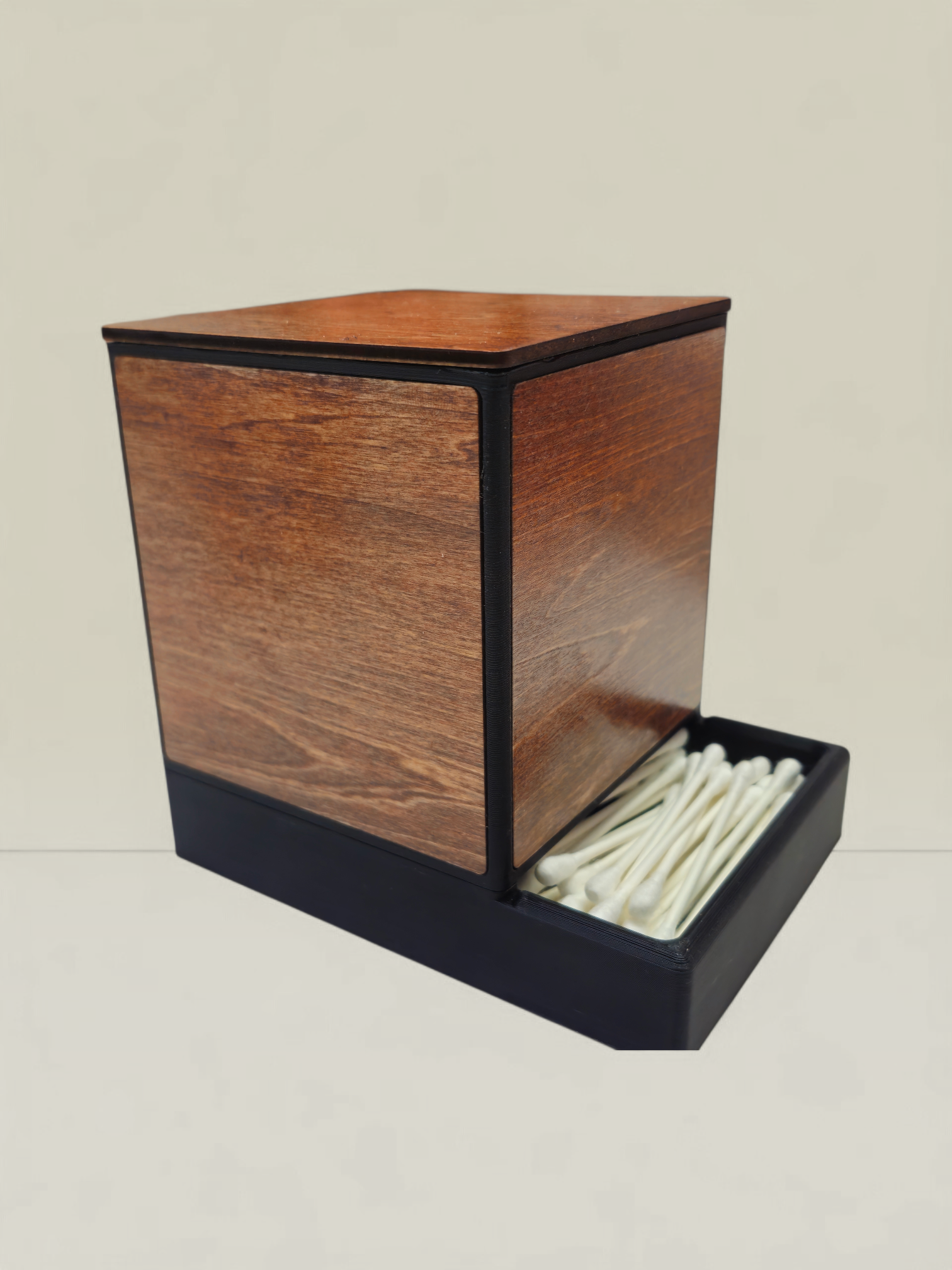 Modern Wooden Q-Tip Holder – 3D Printed with Real Wood Inlays