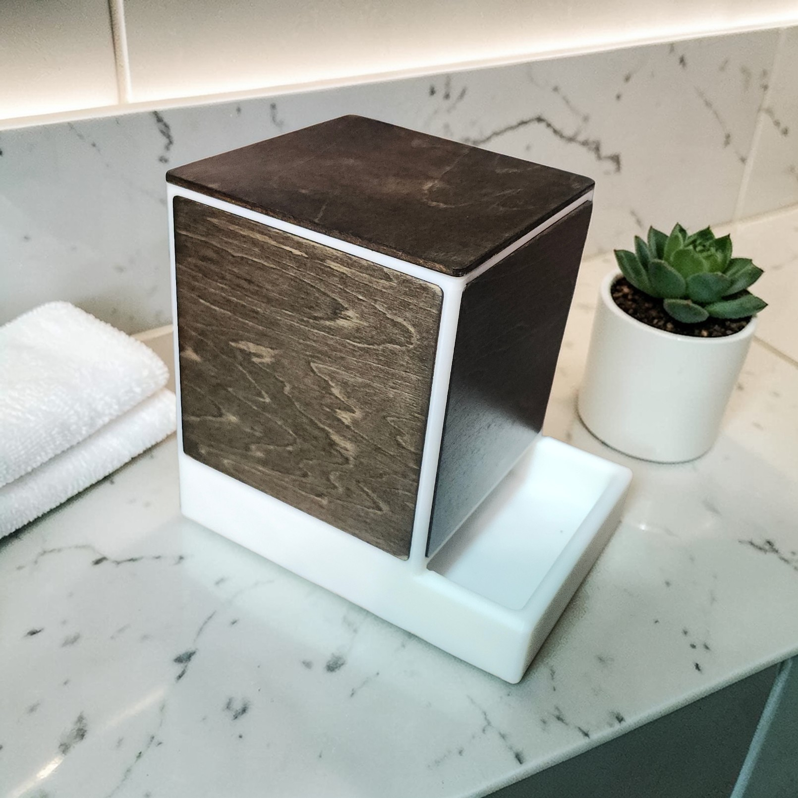 Modern Q-Tip Holder with Real Wood Panels — White Edition