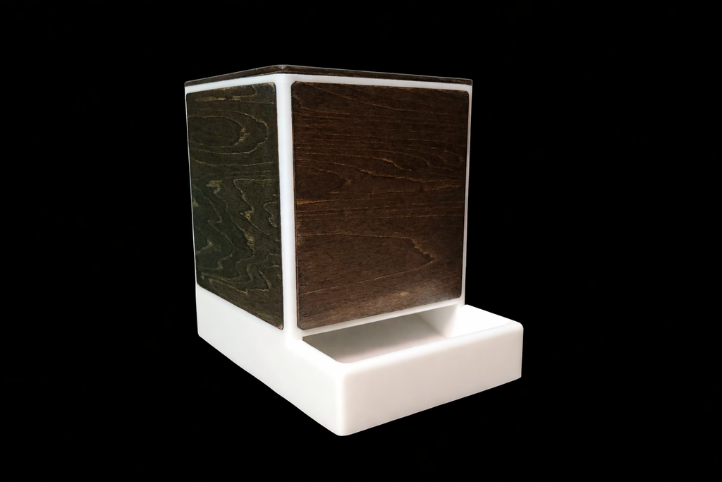 Modern Q-Tip Holder with Real Wood Panels — White Edition