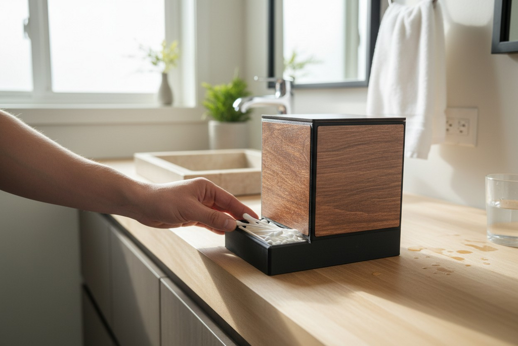 Modern Wooden Q-Tip Holder – 3D Printed with Real Wood Inlays