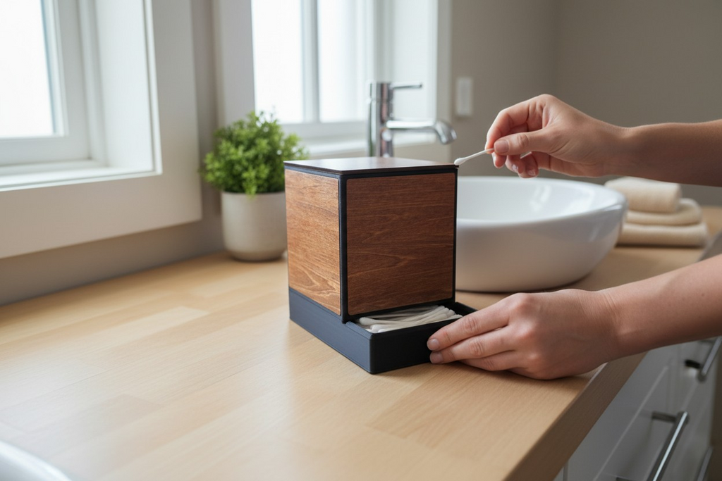 Modern Wooden Q-Tip Holder – 3D Printed with Real Wood Inlays