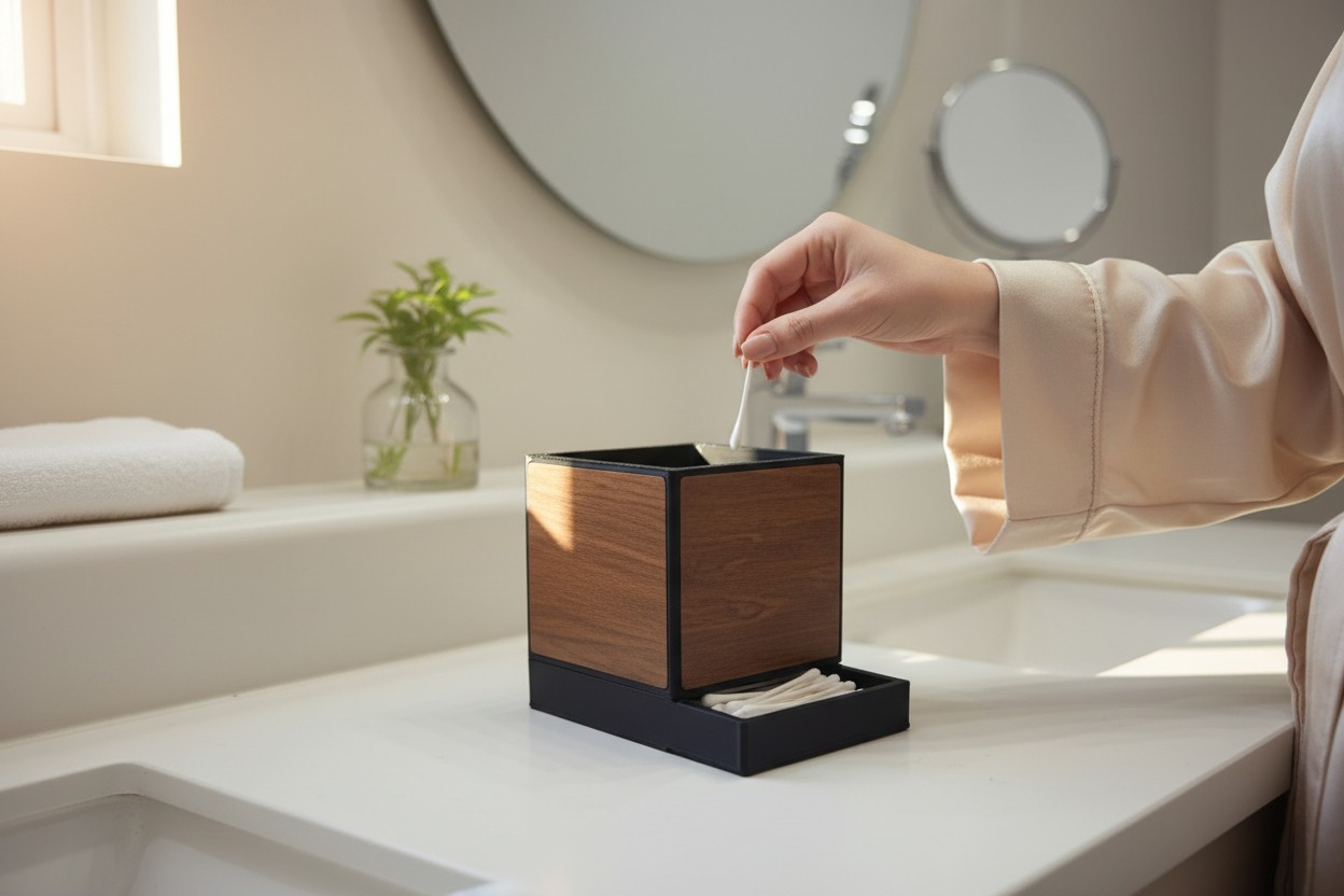 Modern Wooden Q-Tip Holder – 3D Printed with Real Wood Inlays