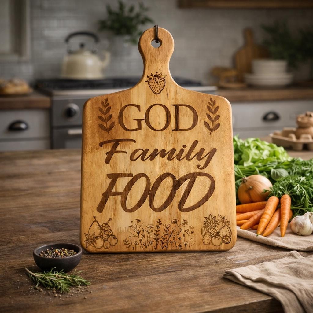 Engraved Wooden Cutting Board: God Family Food Farmhouse Decor (11" x 8")