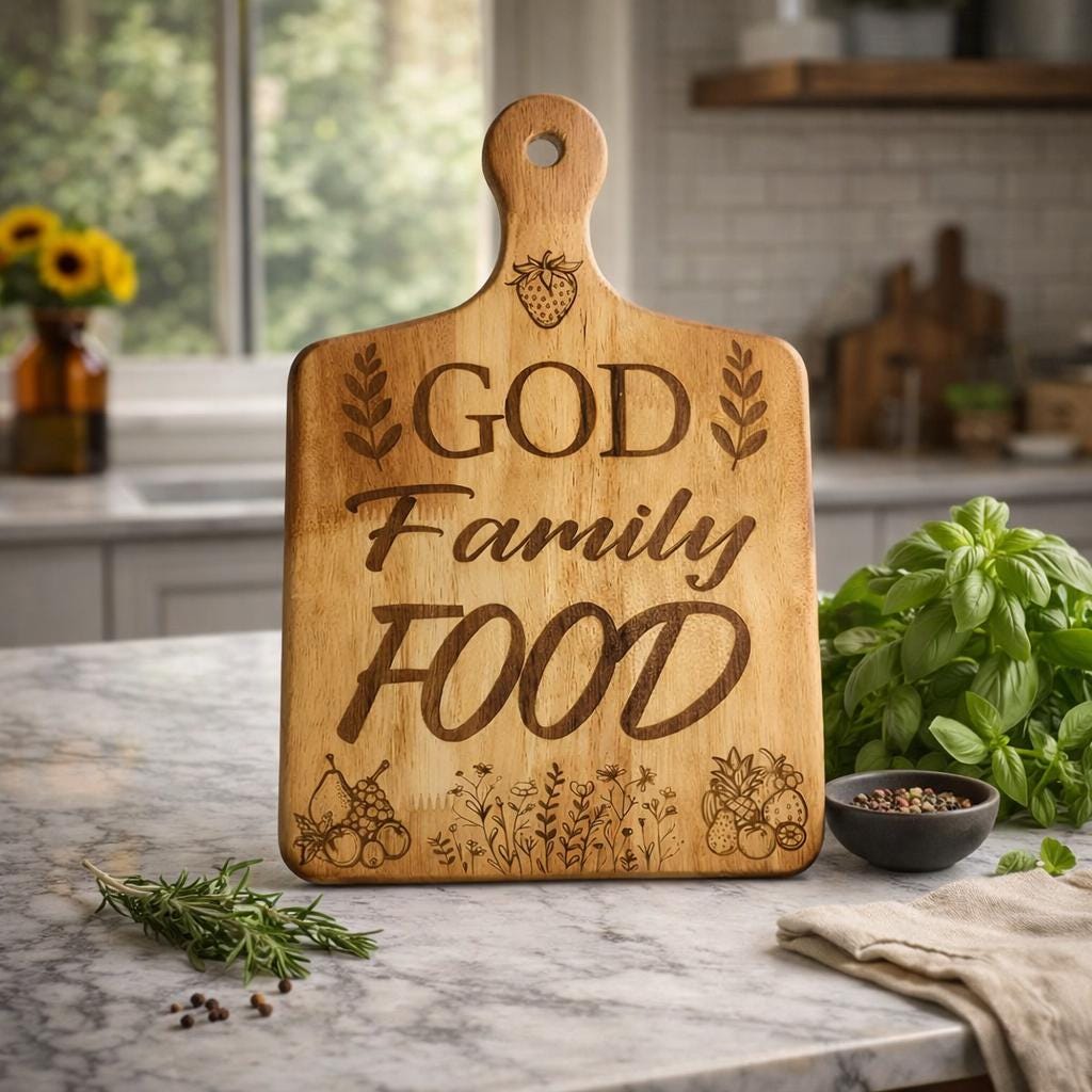 Engraved Wooden Cutting Board: God Family Food Farmhouse Decor (11" x 8")