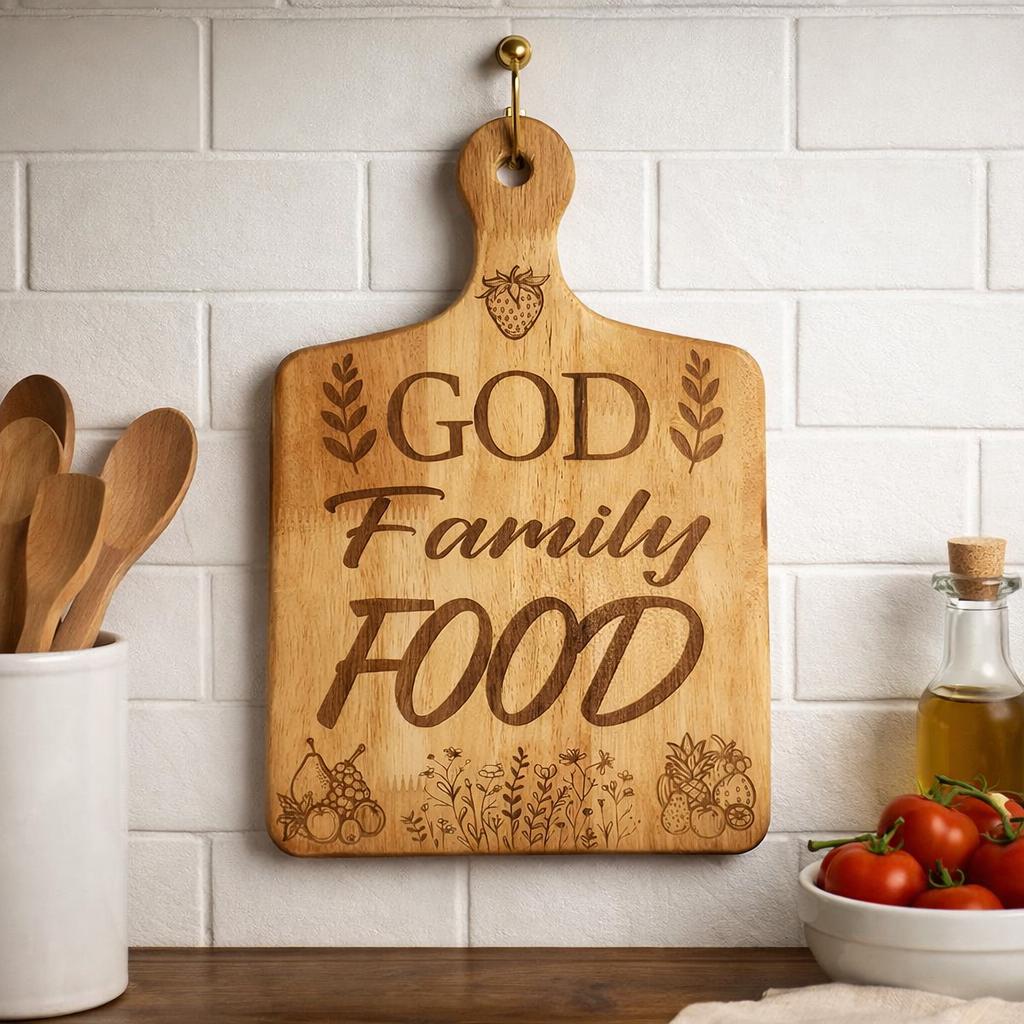 Engraved Wooden Cutting Board: God Family Food Farmhouse Decor (11" x 8")