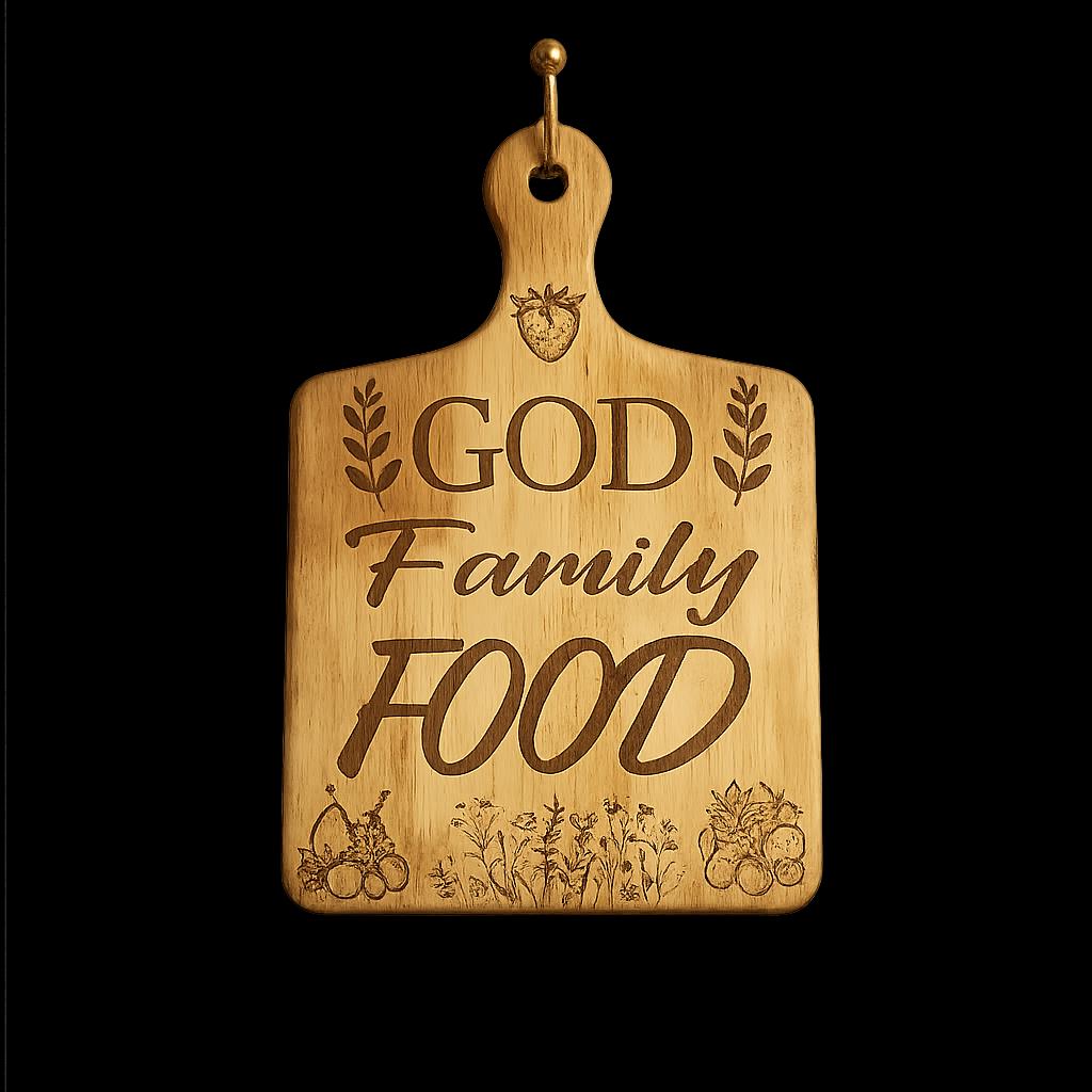 Engraved Wooden Cutting Board: God Family Food Farmhouse Decor (11" x 8")